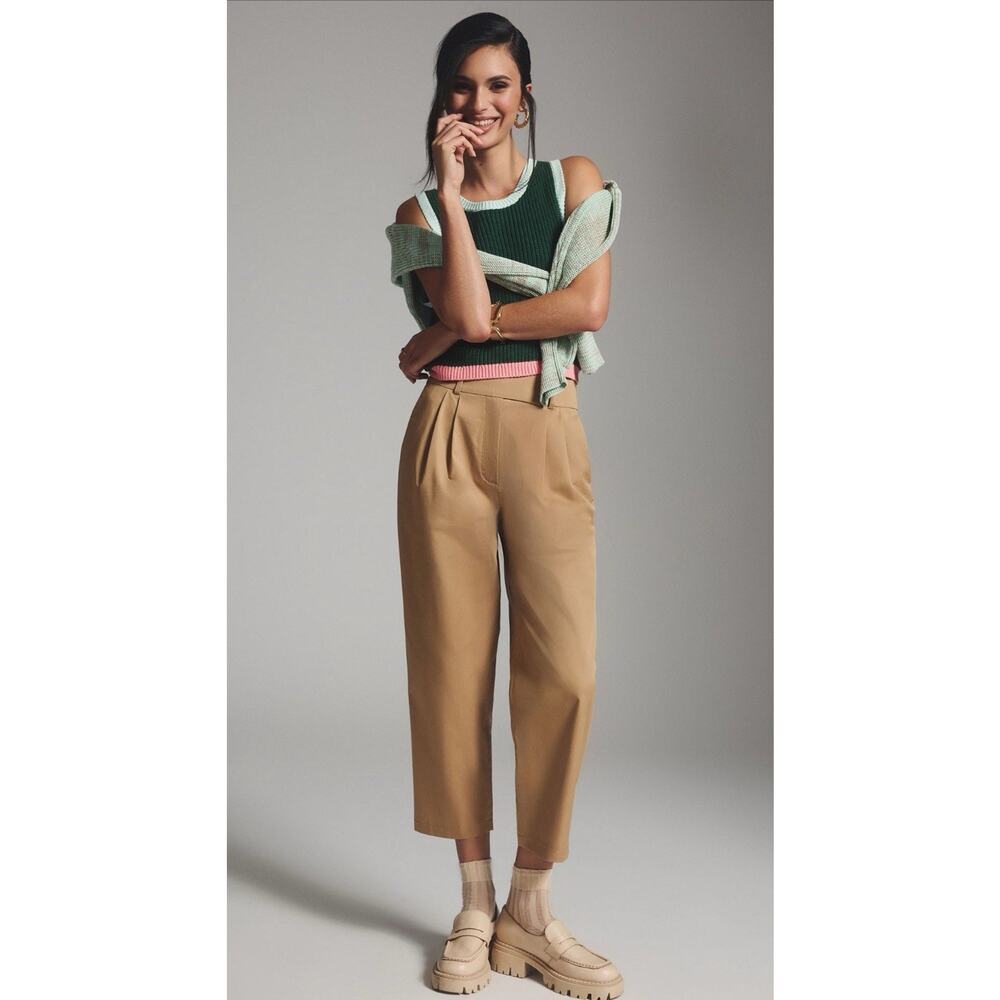 Anthropologie Cropped Tan Pleated Trousers